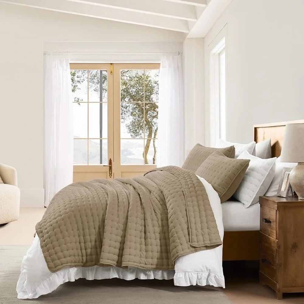 🆕 PB Style Queen Set Tan Latte Quilt Coverlet 3 Piece Pick Stitch Tufted Mocha